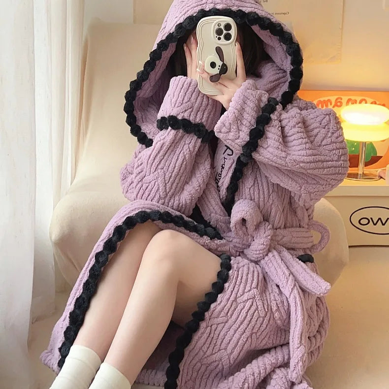 Women's Sexy Robe Coral Fleece Nightgown Female Autumn Winter Thickened Plush Warm Flannel Bathrobe Loose Casual Home Clothing
