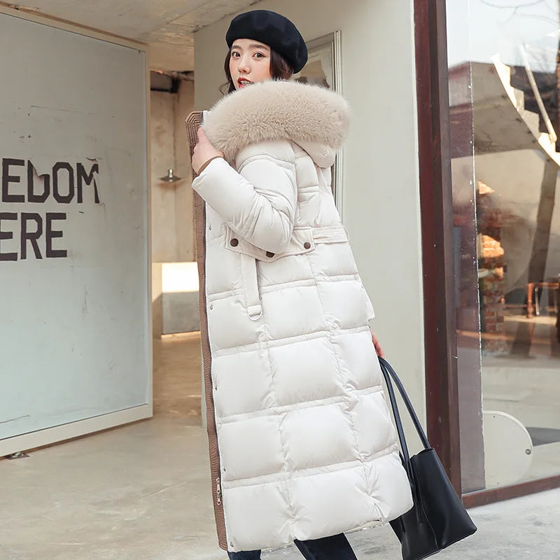 Winter 2025 New Women's Clothing Thickened Long Style Over the Knee Big Fur Collar Hooded Cotton Jacket Down Cotton Jacket Cot