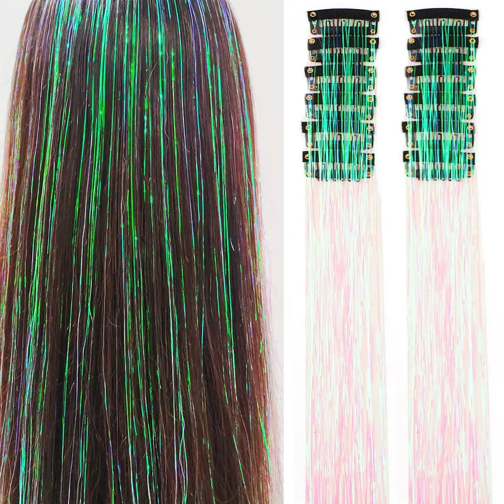 12 Pcs Clip-in Hair Tinsel Pack Colorful Glitter Fairy Hair Extensions Dazzle Party Accessory for Women Girls Kids