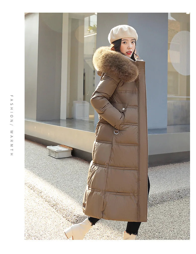 Winter 2025 New Women's Clothing Thickened Long Style Over the Knee Big Fur Collar Hooded Cotton Jacket Down Cotton Jacket Cot