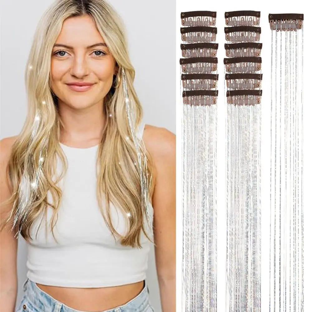 12Pcs Hair Tinsel Clip In 19.7" Glitter Tinsel Hair Extensions Synthetic Clip In Sparkle Hair Accessories For Kids Girls Women