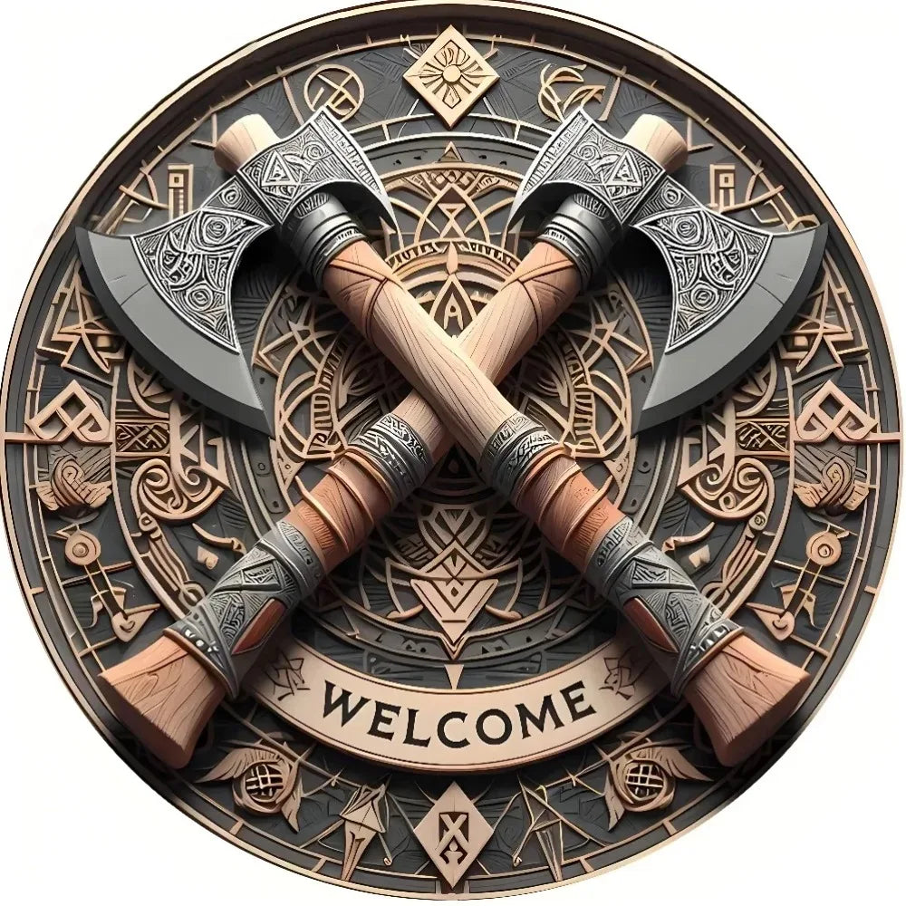 Viking Brand Aluminum Viking Axe Welcome Sign - Norse Design Wall Art Wall-Mounted Unique Home Decor Accent