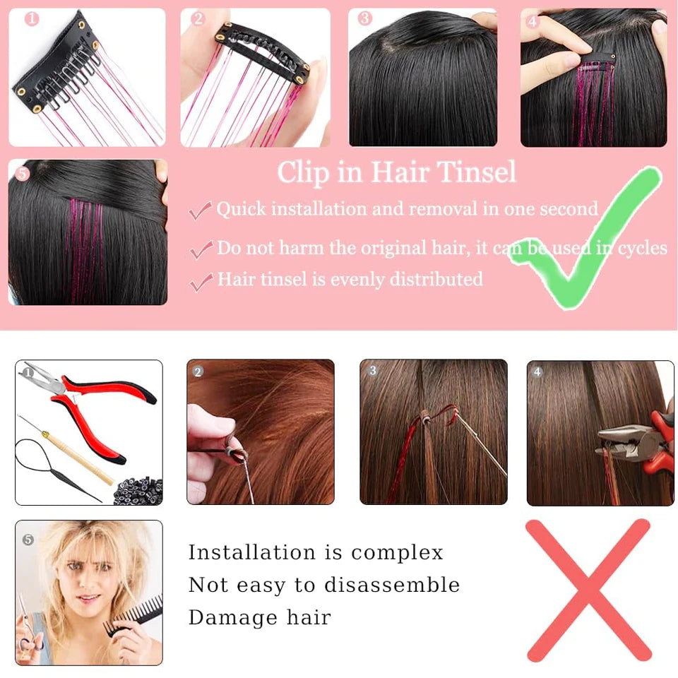12Pcs Hair Tinsel Clip In Fashion Glitter Tinsel Synthetic Straight Hair Extensions Tinsel Kit Shiny Hair Accessories For Women