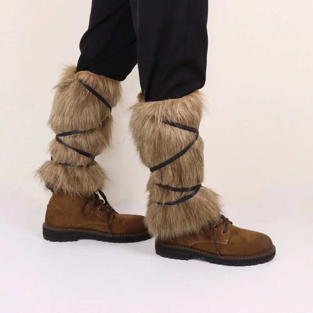 Viking Faux Fur Leg Warmers Medieval Plush Boot Covers Warrior Leg Gaiters Shin Guards Cosplay Costume