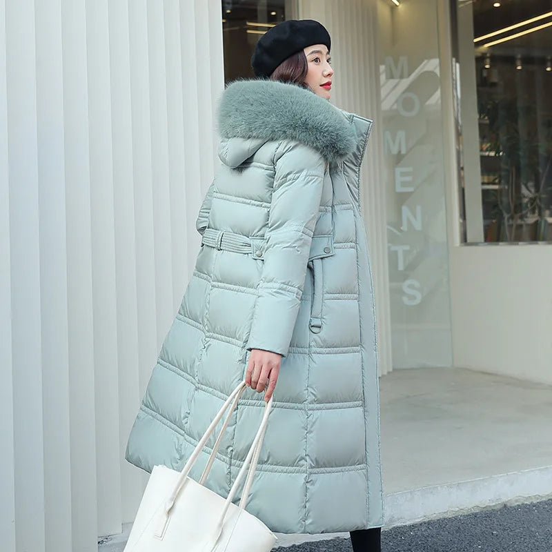 Winter 2025 New Women's Clothing Thickened Long Style Over the Knee Big Fur Collar Hooded Cotton Jacket Down Cotton Jacket Cot