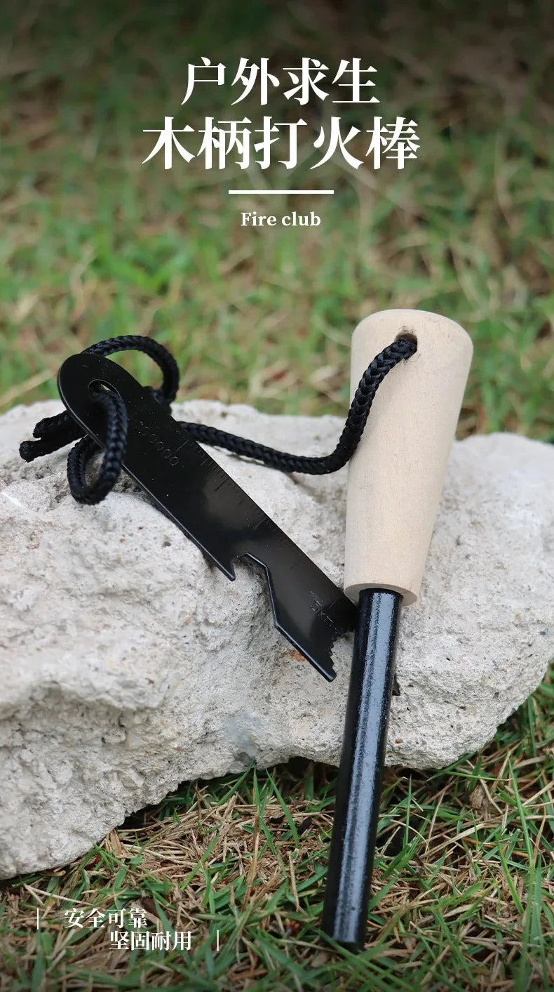 Outdoor survival flint umbrella rope set, wooden handle magnesium rod multifunctional scraper, outdoor camping fire tool
