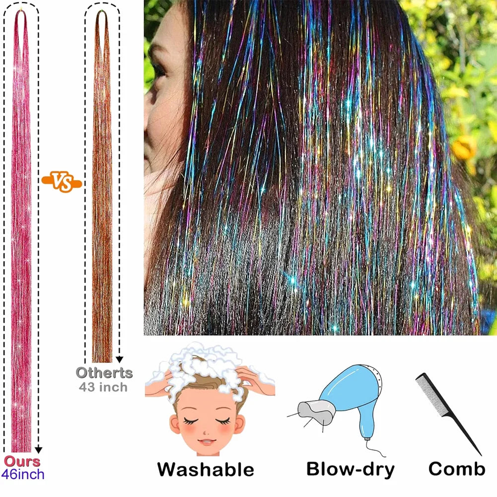 Hair Tinsel (46 Inch, 5pcs) Tinsel Hair Extensions for Girls and women Fairy Tinsel Hair Extensions Holographic  Synthetic Hair