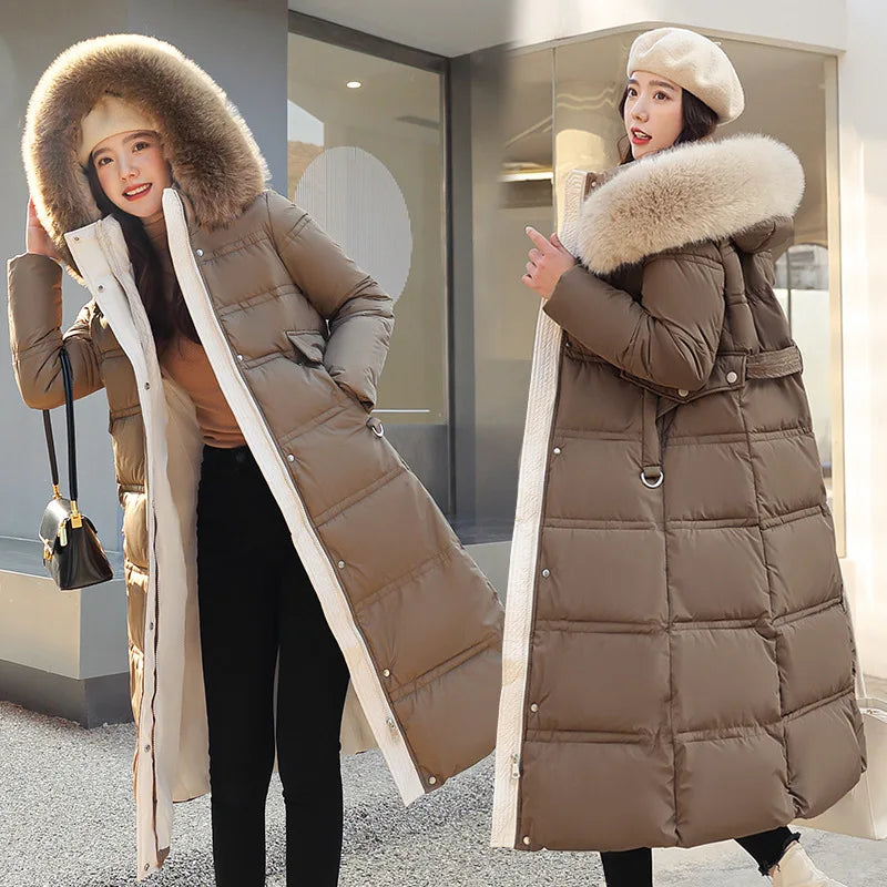 Winter 2025 New Women's Clothing Thickened Long Style Over the Knee Big Fur Collar Hooded Cotton Jacket Down Cotton Jacket Cot