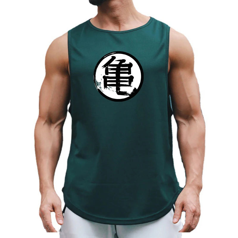 Japanese Anime Turtle Script Printed Mens Gym Clothing Fitness Vest Quick Dry Bodybuilding Tank Top Muscle Sleeveless Shirt