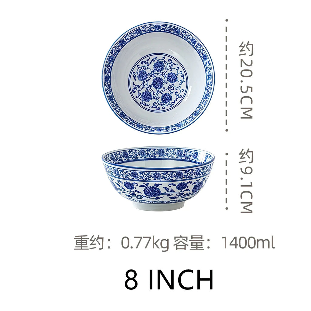 Ceramic Bowl Korean Blue and White Porcelain Tableware Large Noodle Bowl Japanese Retro Soup Bowl Home Kitchen Supplies