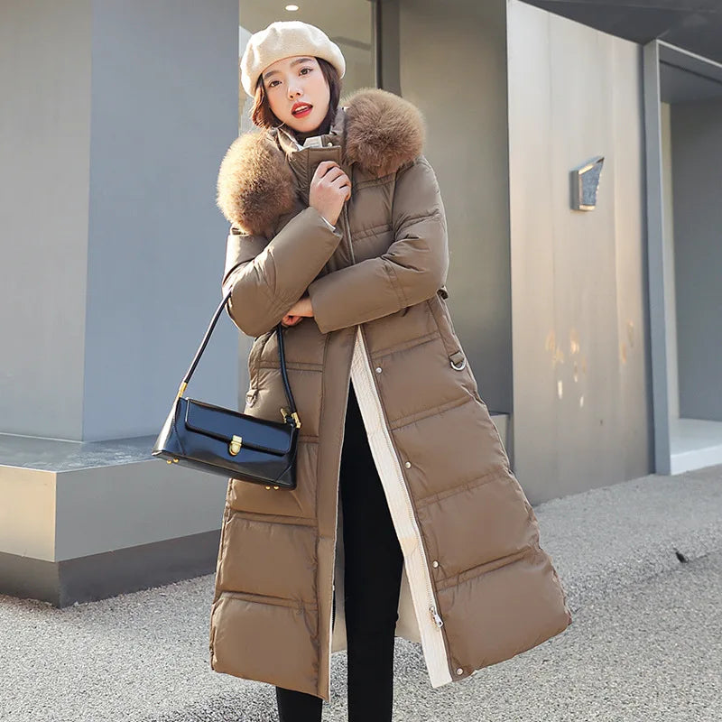 Winter 2025 New Women's Clothing Thickened Long Style Over the Knee Big Fur Collar Hooded Cotton Jacket Down Cotton Jacket Cot