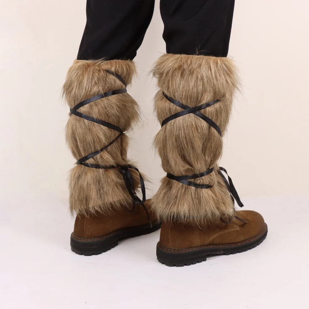 Viking Faux Fur Leg Warmers Medieval Plush Boot Covers Warrior Leg Gaiters Shin Guards Cosplay Costume