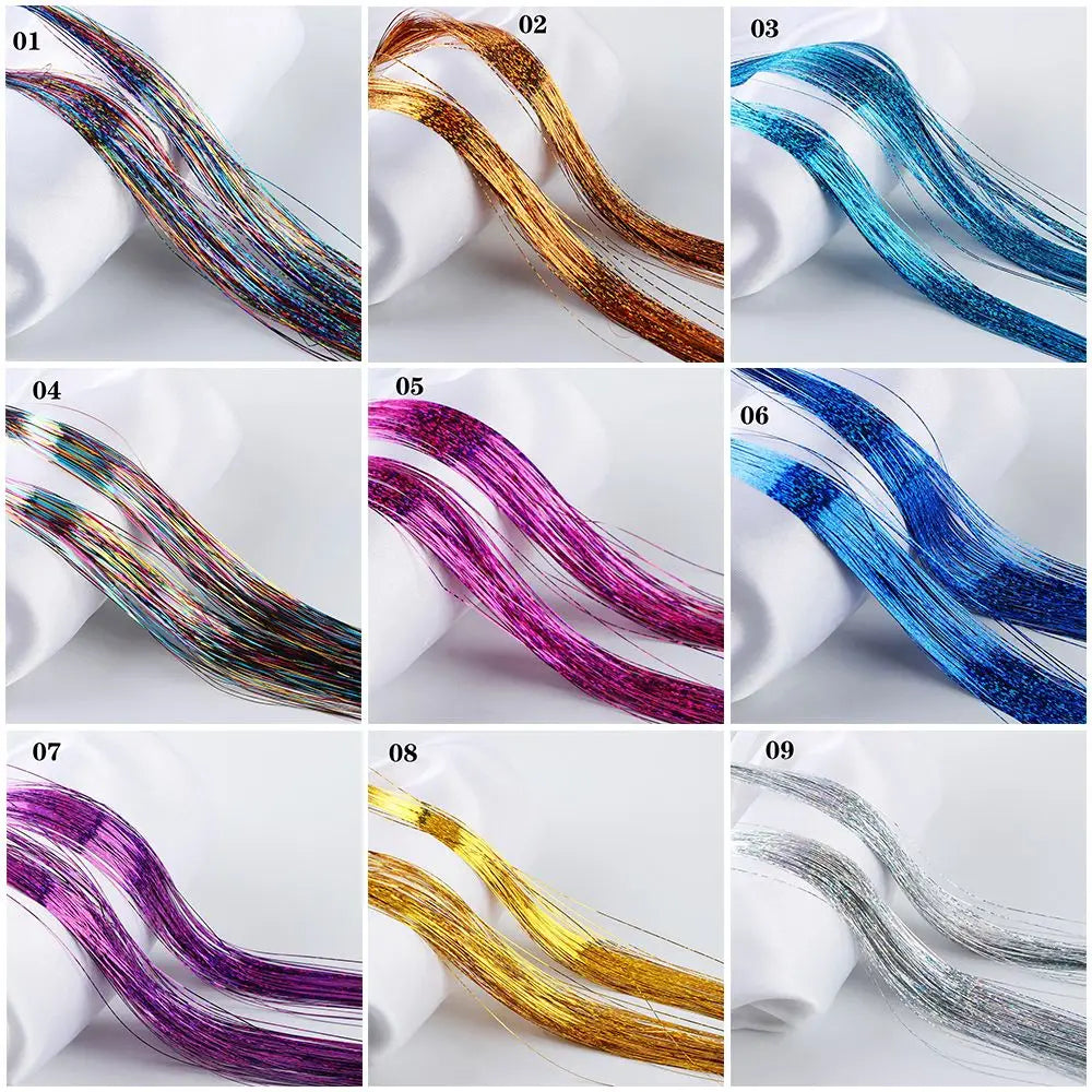 100 Strands Hot Sale Synthetic Hair Sparkly Hair Tinsel Hair Extension Bling Silk Glitter Rainbow  Color