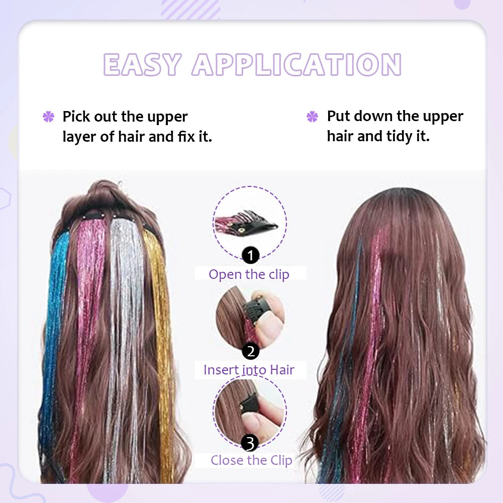 Clip in Hair Tinsel Synthetic 22 Inch Colorfull Tinsel Hair Extensions 5Pcs/Pack for Women Girls Party Christmas New Year Gift