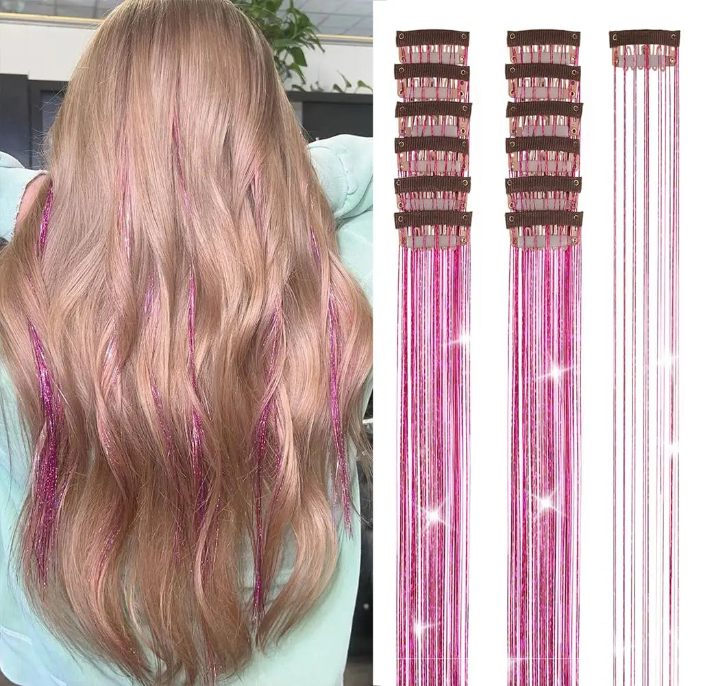 12Pcs Hair Tinsel Clip In 19.7" Glitter Tinsel Hair Extensions Synthetic Clip In Sparkle Hair Accessories For Kids Girls Women