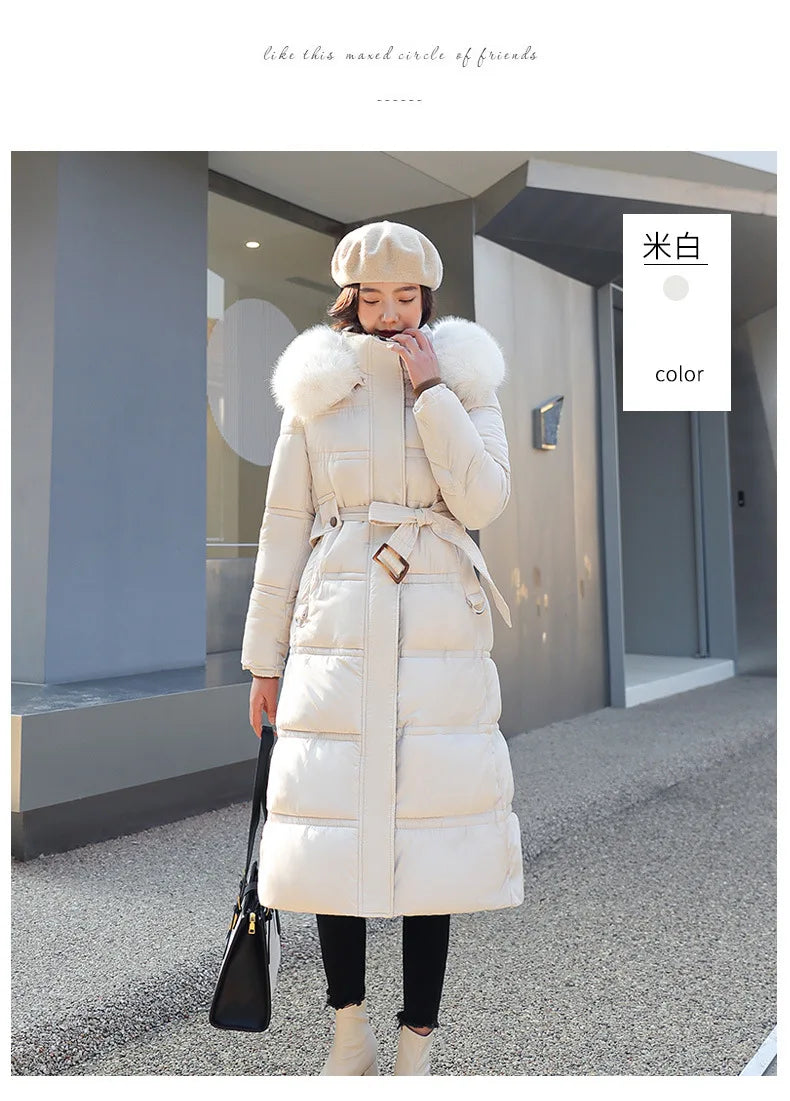 Winter 2025 New Women's Clothing Thickened Long Style Over the Knee Big Fur Collar Hooded Cotton Jacket Down Cotton Jacket Cot
