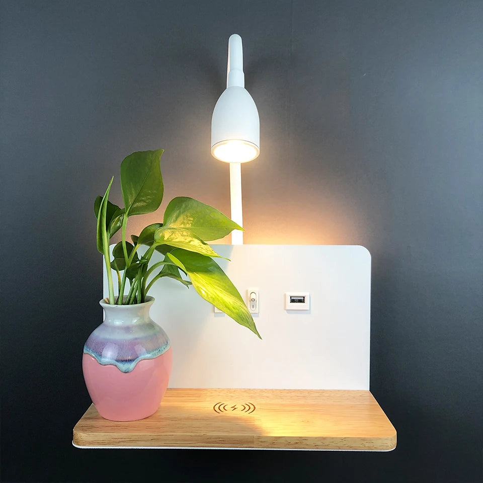 Indoor LED Wall Lamp With USB Interface And Wireless Charging Modern 360° Rotatable Wall Light With Switch Bedside Night Lights