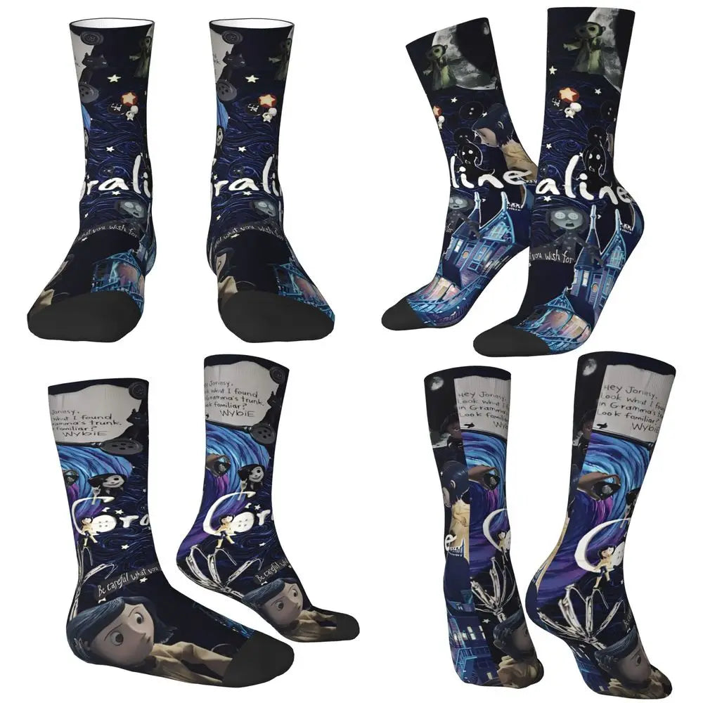 Coraline Horror Movie Stockings Design Funny Socks Autumn Non Skid Socks Couple Running Medium Soft Socks