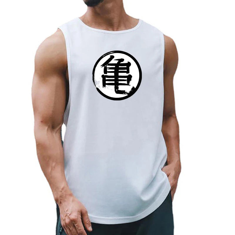 Japanese Anime Turtle Script Printed Mens Gym Clothing Fitness Vest Quick Dry Bodybuilding Tank Top Muscle Sleeveless Shirt