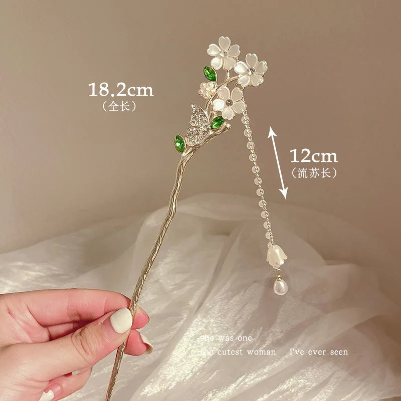 Elegant Flower Tassel Hairpin For Women Exquisite Neo-chinese Style Metal Hair Stick Girls Fashion Jewelry Hair Accessories