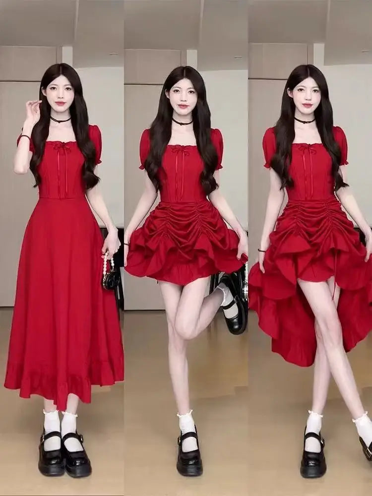 Women's Fashion 1 Dress Four Wear Method Lady Graceful Retro Square Collar Short Sleeve Black Dresses 2025 New Dinner Party Gown