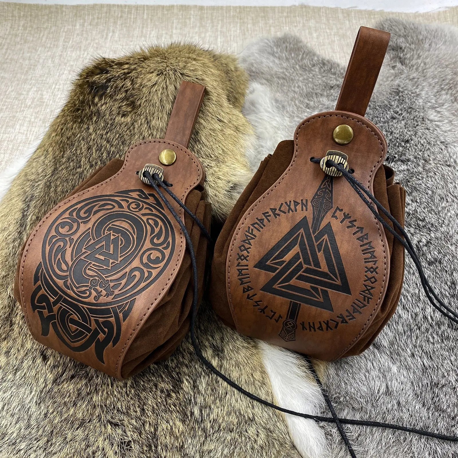 Vikings Rune Pouch String Coins Drawstring Bag Costume Vintage Halloween Accessory Leather Suede Medieval Loop Belt Kit Adult