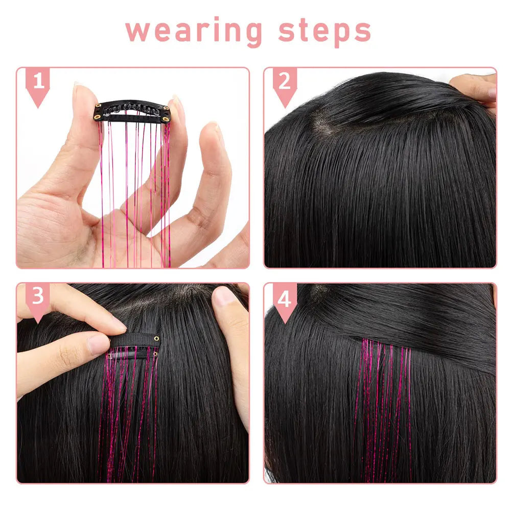 12Pcs Hair Tinsel Clip In 19.7" Glitter Tinsel Hair Extensions Synthetic Clip In Sparkle Hair Accessories For Kids Girls Women