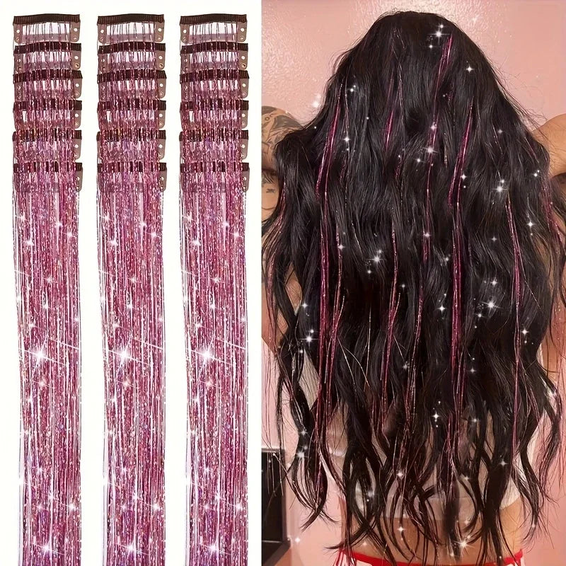 12Pcs Synthetic Hair Tinsel Clip in 52cm Glitter Tinsel HairClip in Hair Tinsel Kit Heat Resistant Shiny Sparkle Fairy Hair