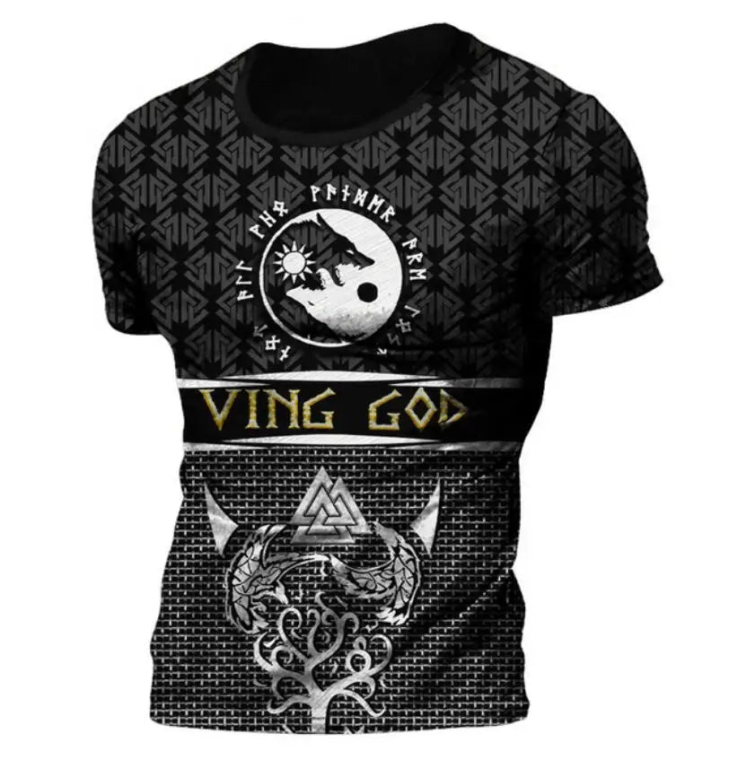 Summer 2022 Viking Mystic Ancient Symbol Charm with Men's Printed T-shirt O Neck Short Sleeve Oversized Loose Street Casual Top