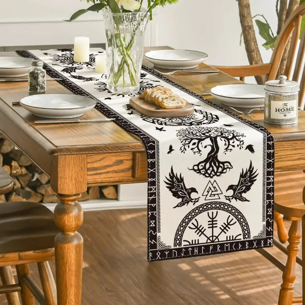 Vintage Nordic Viking printed table flag, artistic Yggdrasil&Run design, faux linen fabric, home, party pagan ritual scenes