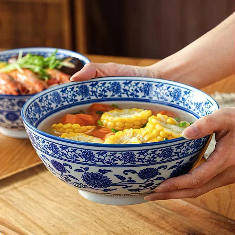 Ceramic Bowl Korean Blue and White Porcelain Tableware Large Noodle Bowl Japanese Retro Soup Bowl Home Kitchen Supplies