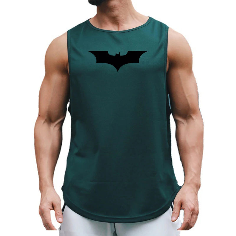 Mens Gym Clothing Mesh Fitness Singlets Black Bat Print Quick Dry Bodybuilding Tank Top Men Muscle Sleeveless Shirt Sports Vest