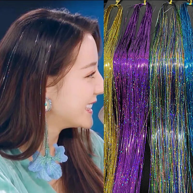Shiny Sparkle Hair Tinsel 120Pcs/Lot 90cm Thin Colorful Rainbow Silk Hair Extensions Dazzles Women Hippie for Braiding Headdress