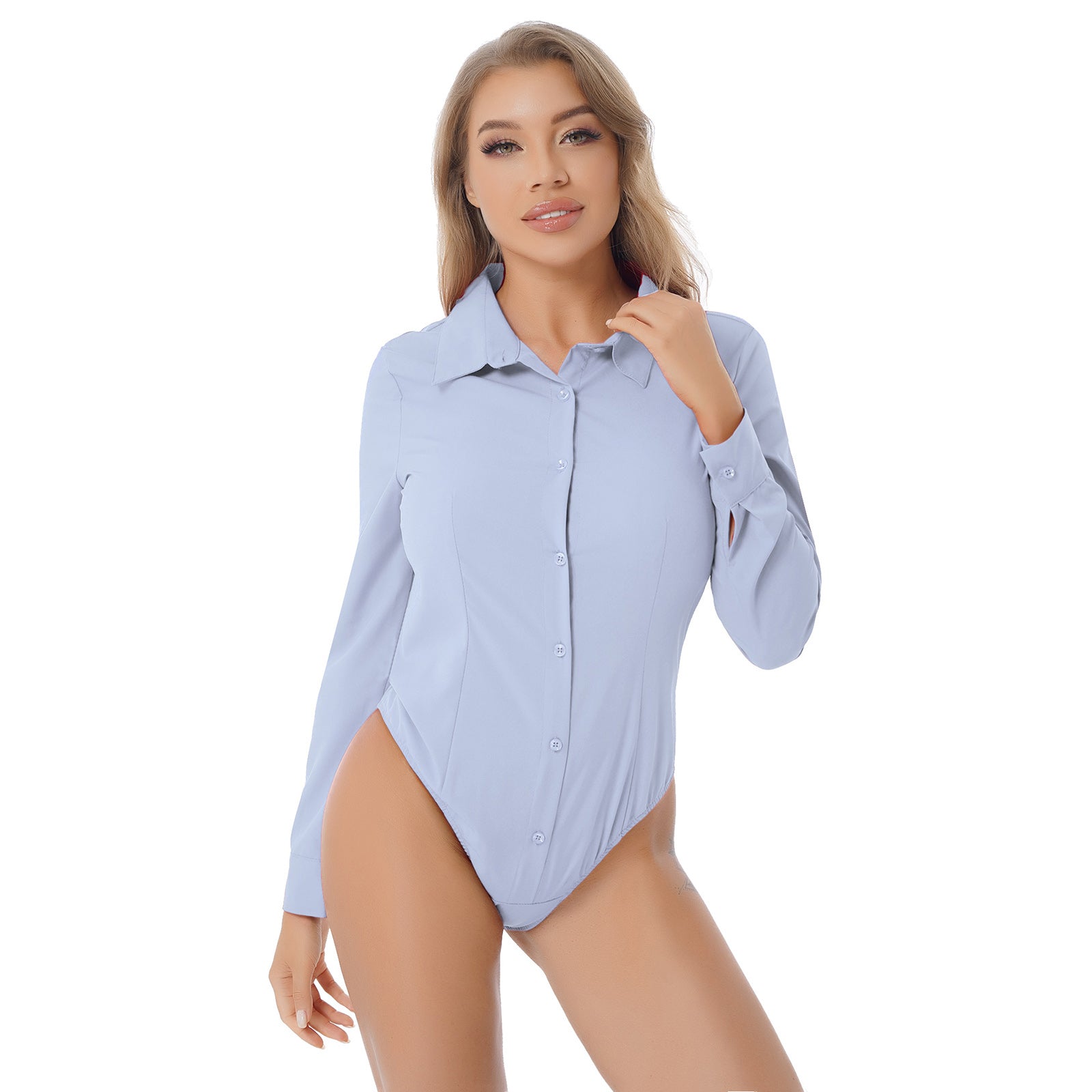 Women's Body Shirt Office Lady Work Uniforms White Blouses Slim Clothes Long Sleeve OL Shirt Leotard Easy Care Work Tights Shirt