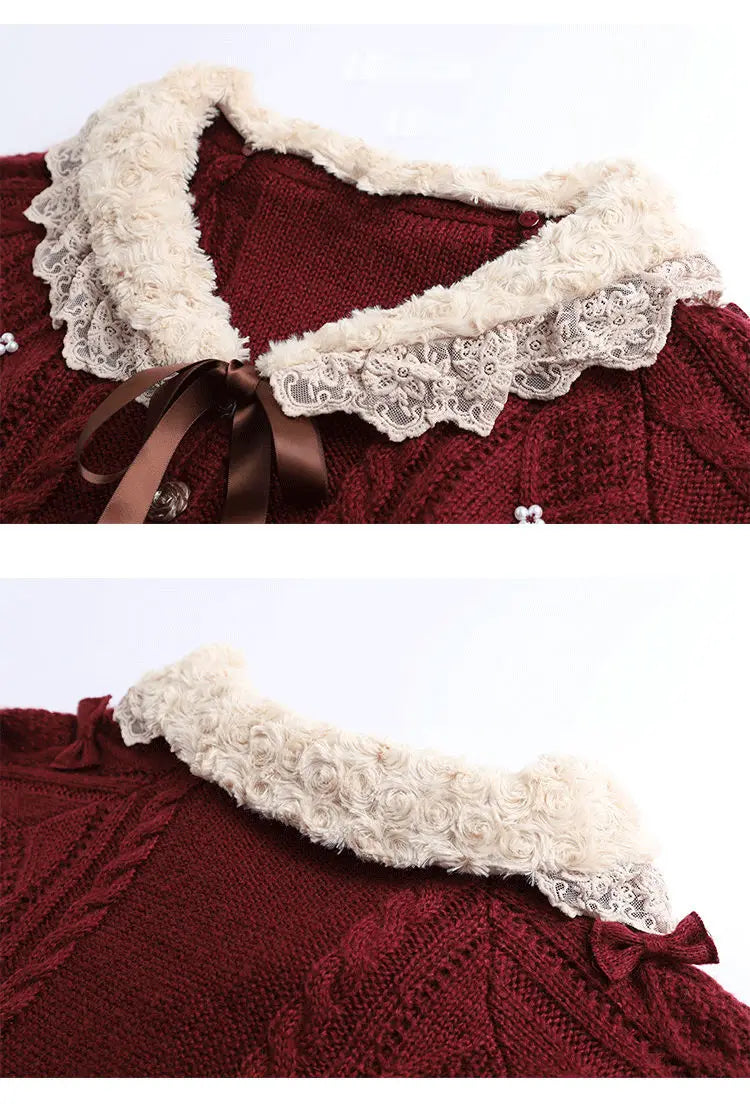 Women Clothing 2026 Autumn Winter Vintage Lovely Lace Doll Neck Wine Red Sweater Languid Breeze Soft Waxy Sweet Sweater Women