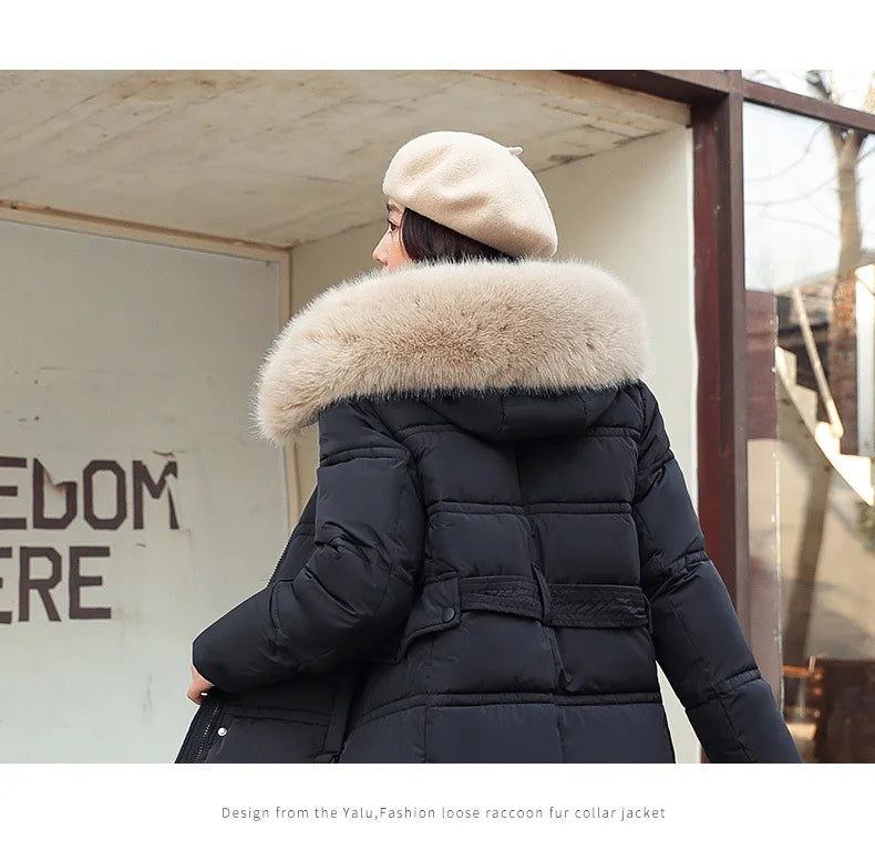 Winter 2025 New Women's Clothing Thickened Long Style Over the Knee Big Fur Collar Hooded Cotton Jacket Down Cotton Jacket Cot