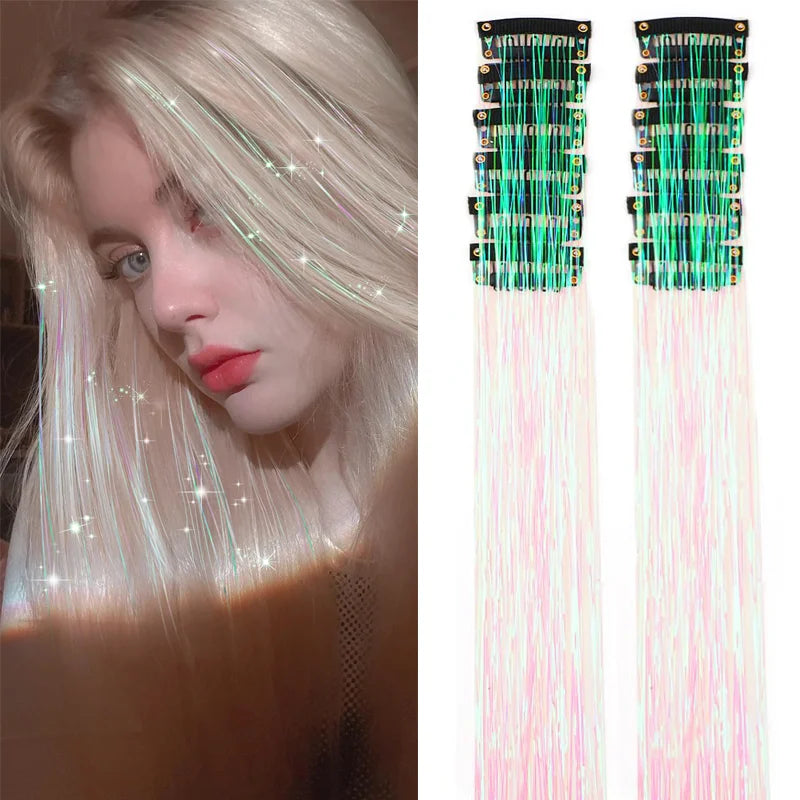 12 Pcs Clip-in Hair Tinsel Pack Colorful Glitter Fairy Hair Extensions Dazzle Party Accessory for Women Girls Kids