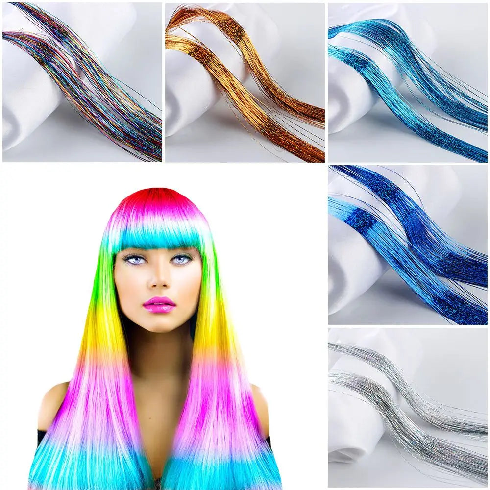 100 Strands Hot Sale Synthetic Hair Sparkly Hair Tinsel Hair Extension Bling Silk Glitter Rainbow  Color