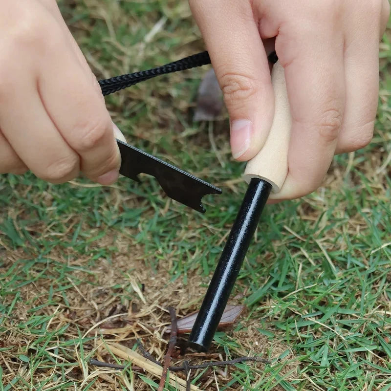 Outdoor survival flint umbrella rope set, wooden handle magnesium rod multifunctional scraper, outdoor camping fire tool