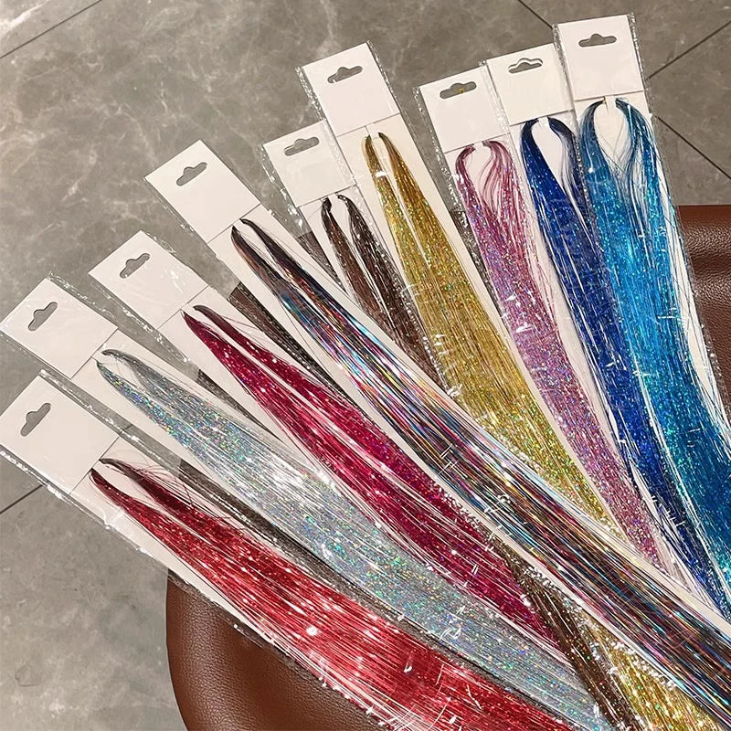 12Pcs Synthetic Hair Tinsel Clip in 52cm Glitter Tinsel HairClip in Hair Tinsel Kit Heat Resistant Shiny Sparkle Fairy Hair
