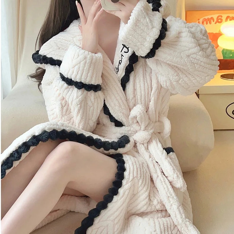 Women's Sexy Robe Coral Fleece Nightgown Female Autumn Winter Thickened Plush Warm Flannel Bathrobe Loose Casual Home Clothing