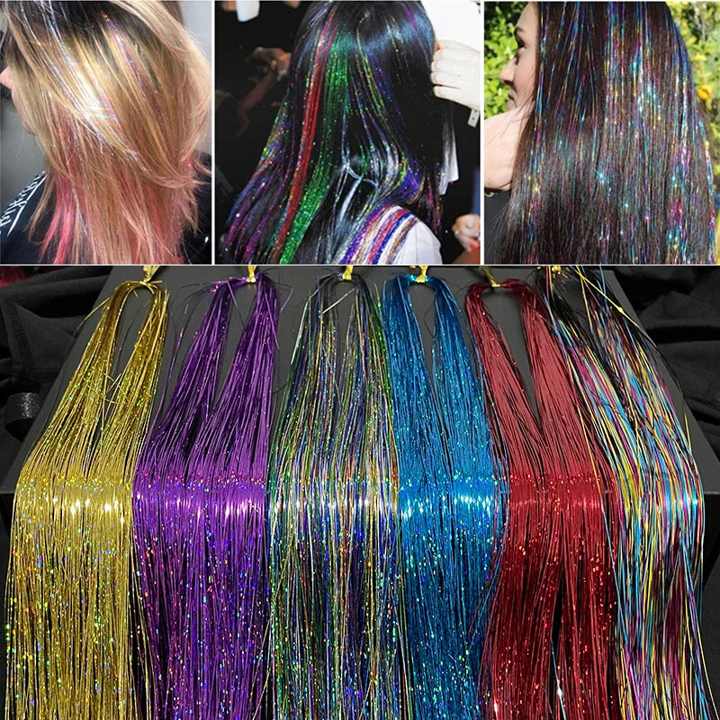 Shiny Sparkle Hair Tinsel 120Pcs/Lot 90cm Thin Colorful Rainbow Silk Hair Extensions Dazzles Women Hippie for Braiding Headdress
