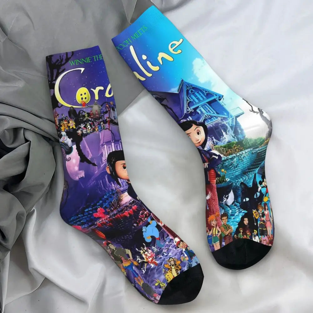 Coraline Horror Movie Stockings Design Funny Socks Autumn Non Skid Socks Couple Running Medium Soft Socks