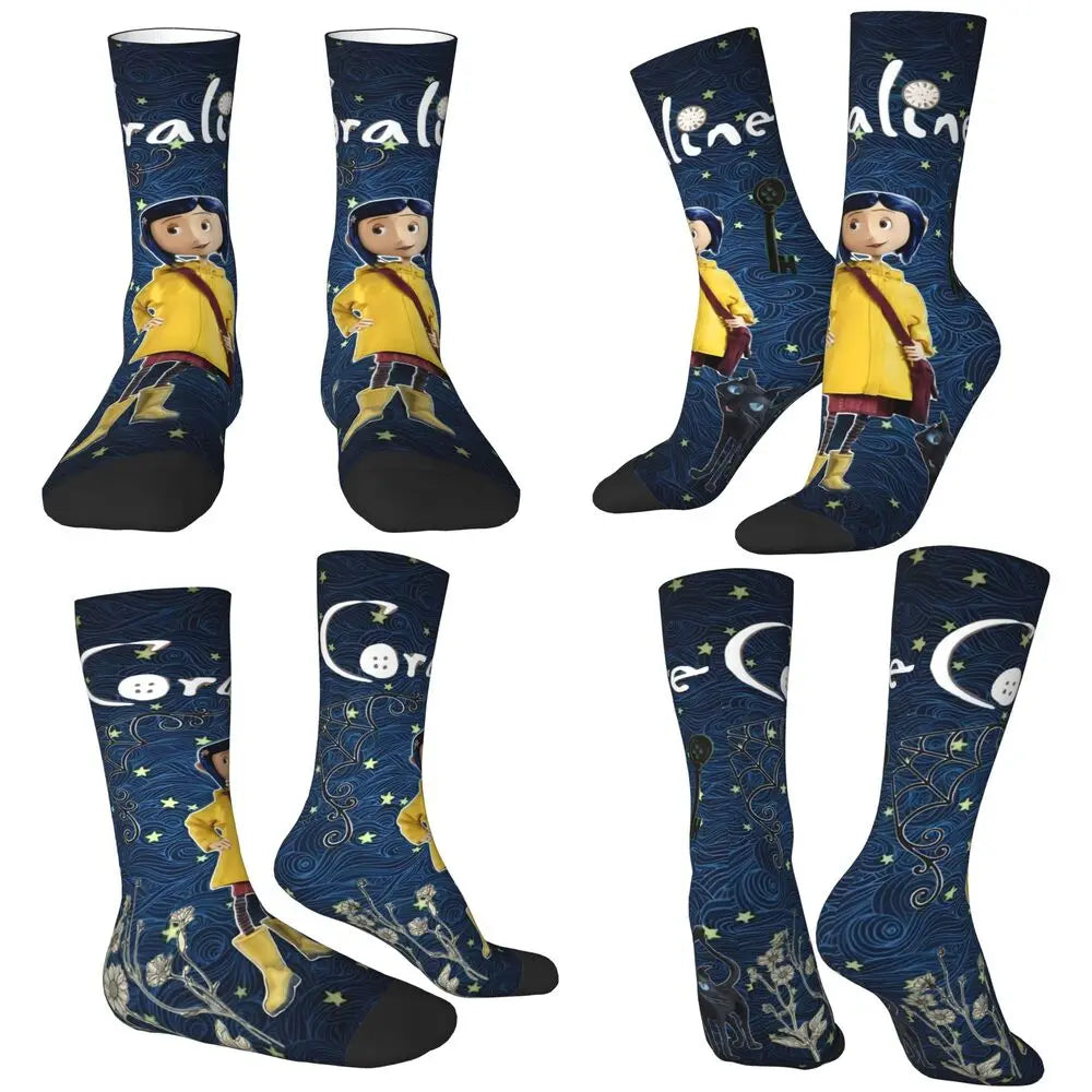 Coraline Horror Movie Stockings Design Funny Socks Autumn Non Skid Socks Couple Running Medium Soft Socks