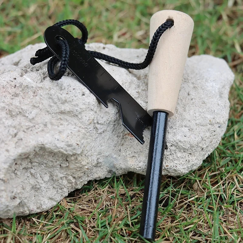 Outdoor survival flint umbrella rope set, wooden handle magnesium rod multifunctional scraper, outdoor camping fire tool