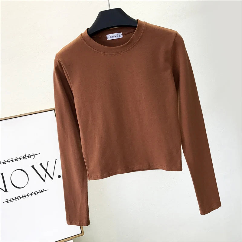 Sexy   Women's Clothing O-Neck Long Sleeve Navel Autumn Base Women's Clothing Fashion Casual Ropa Mujer