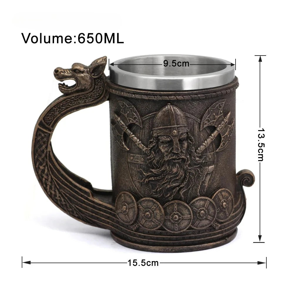600ml Viking Wood Style Beer Mug Medieval Dragon Resin Stainless Steel Beer Mug  Retro Tankard Skull Coffee Cup Tea Mug Beer Cup