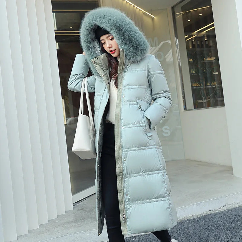 Winter 2025 New Women's Clothing Thickened Long Style Over the Knee Big Fur Collar Hooded Cotton Jacket Down Cotton Jacket Cot