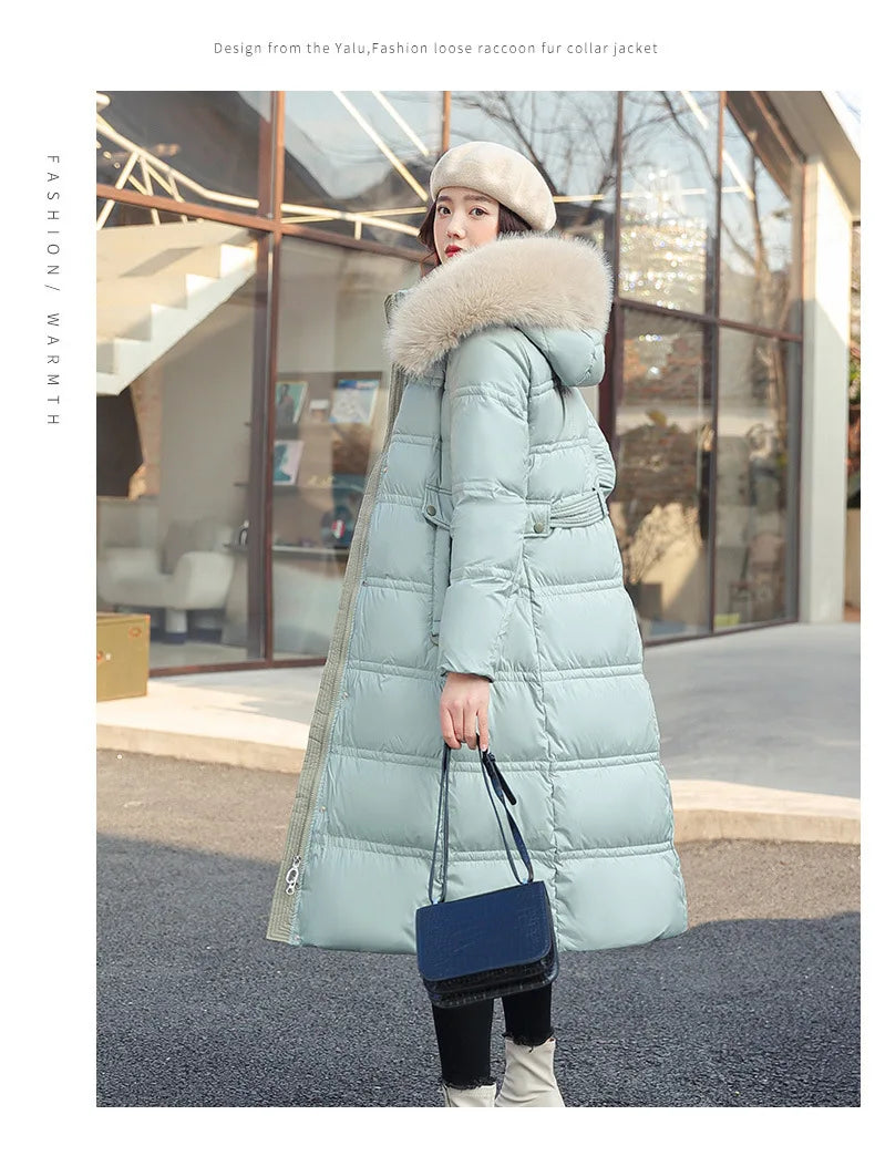 Winter 2025 New Women's Clothing Thickened Long Style Over the Knee Big Fur Collar Hooded Cotton Jacket Down Cotton Jacket Cot