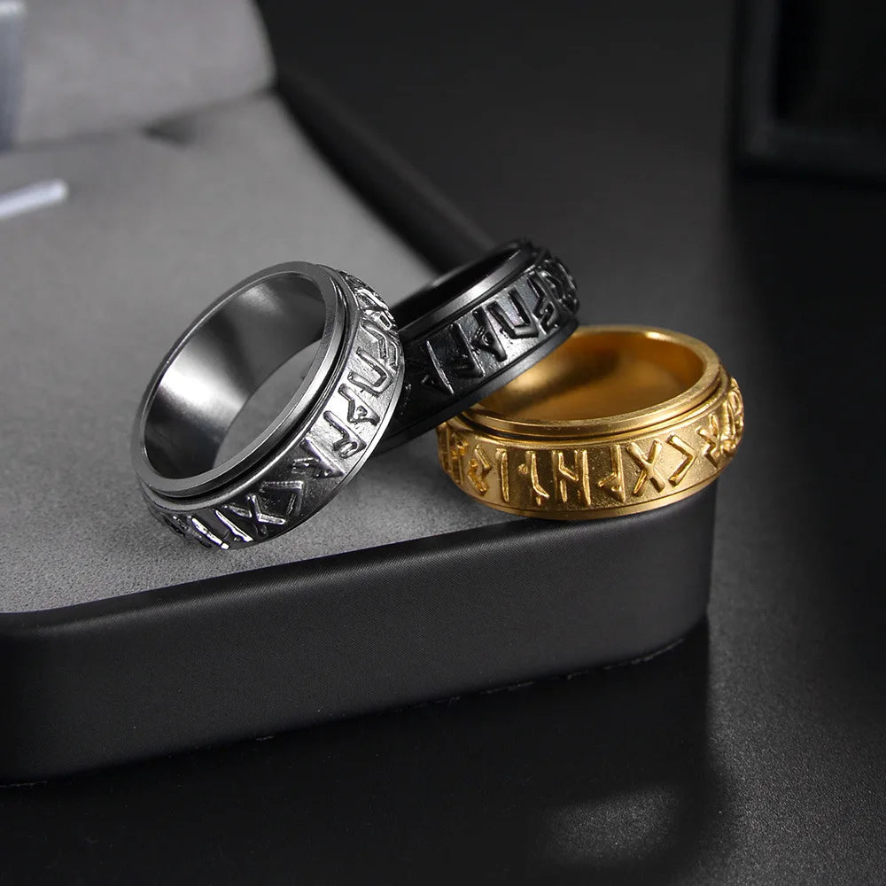 Vintage Viking Rune Rings For Men Women Retro Viking Stainless Steel Rotatable Fidget Anxiety Spinner Ring Retro Amulet Jewelry
